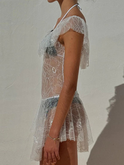 Kliou Sexy See Through Short Dress Woman Ruffles Decoration Low-Neck Backless Sleeveless Vacation Beach Party Style Mini Bodycon
