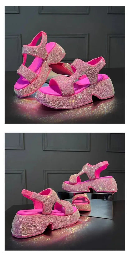 Fashion Luxury Rhinestone Women Sandals Summer New Sheepskin Elastic Band Thick-soled Open-toed Roman Flat Sandals