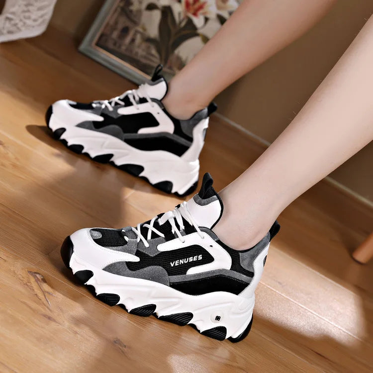 Women With Mesh And Synthetic Leather Upper Lace Up Design Round Toe Non Slip Thick Sole Breathable Casual Sports Shoes Trendy F
