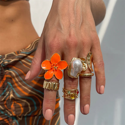 8Pcs/Set Vintage Pink Metal Flower Ring Set for Women Punk Elegant Baroque Pearl Knuckle Joint Ring Party Daily Wear Jewelry