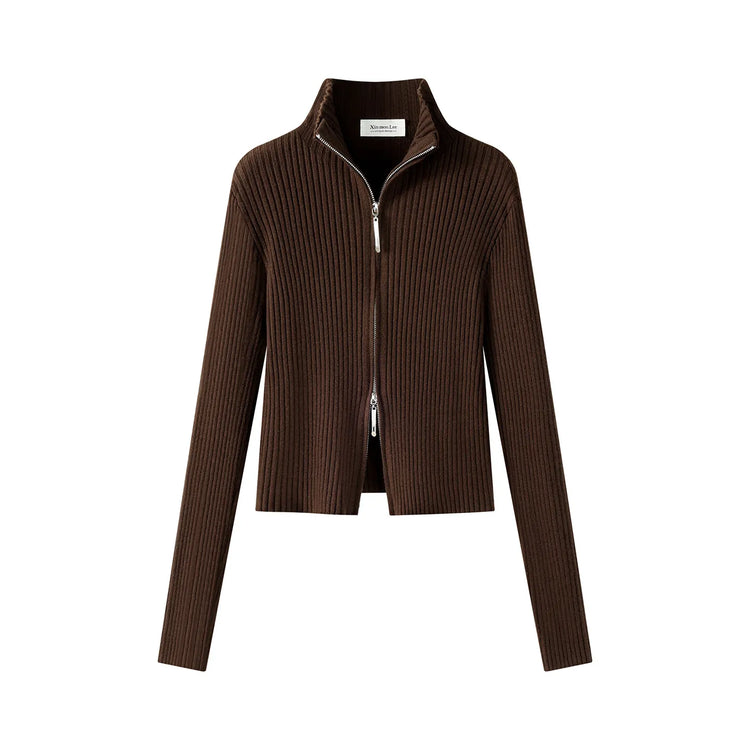 2026 Women's Autumn Winter Knit Cardigan Versatile Office Slim Flattering Cropped Zip-Up Sweater Korean Long Sleeve Outerwear