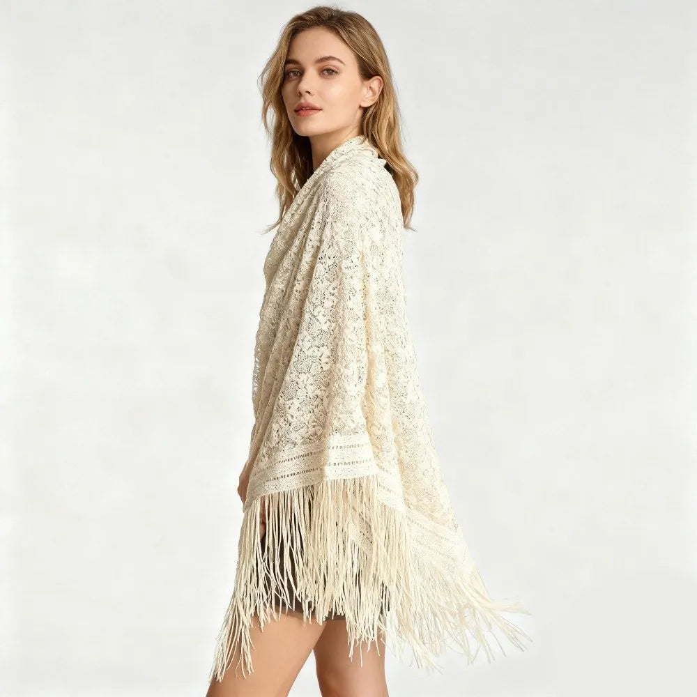 Versatile 140×140cm Lace Shawl Elegant Hollowed-out Design Knitted Shawl Breathable Tassel Shawl for Women