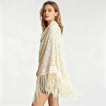 Versatile 140×140cm Lace Shawl Elegant Hollowed-out Design Knitted Shawl Breathable Tassel Shawl for Women