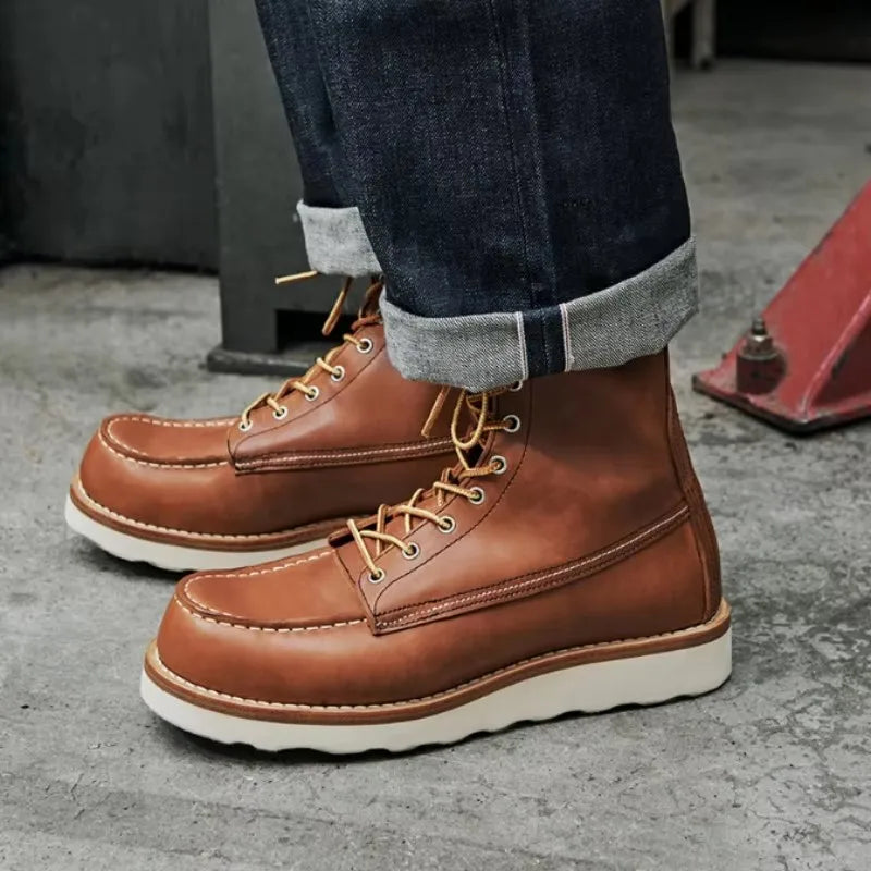 Handmade High Top Shoes Mens Vintage Round Toe Genuine Leather Casual Mid Calf Boots Spring Autumn Thick Platform Cowhide Boots