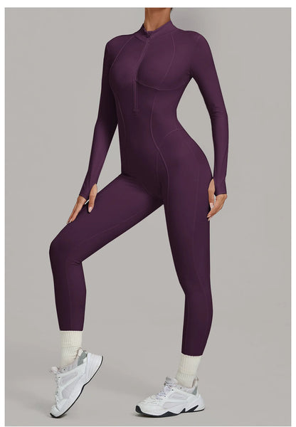 Zipper Jumpsuits for Woman No Padding Sports Overalls for Women Long Sleeve Gym Clothes Woman Activewear 2026 Purple Coffee XL