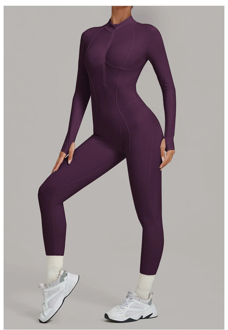 Zipper Jumpsuits for Woman No Padding Sports Overalls for Women Long Sleeve Gym Clothes Woman Activewear 2026 Purple Coffee XL