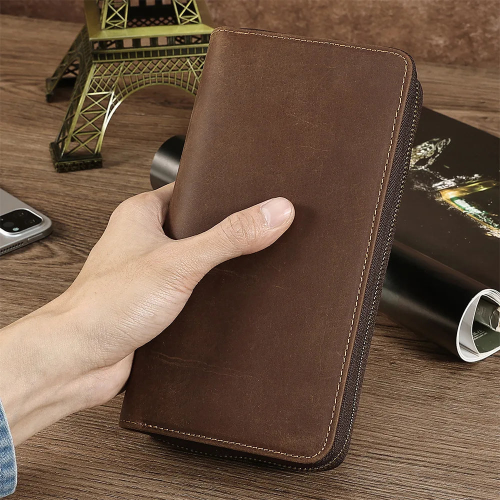 Men's Clutches Long Handbag Business Vintage Cow Leather Man Long Wallet For Men And Woman Oil Wax Zipper Bag Purse
