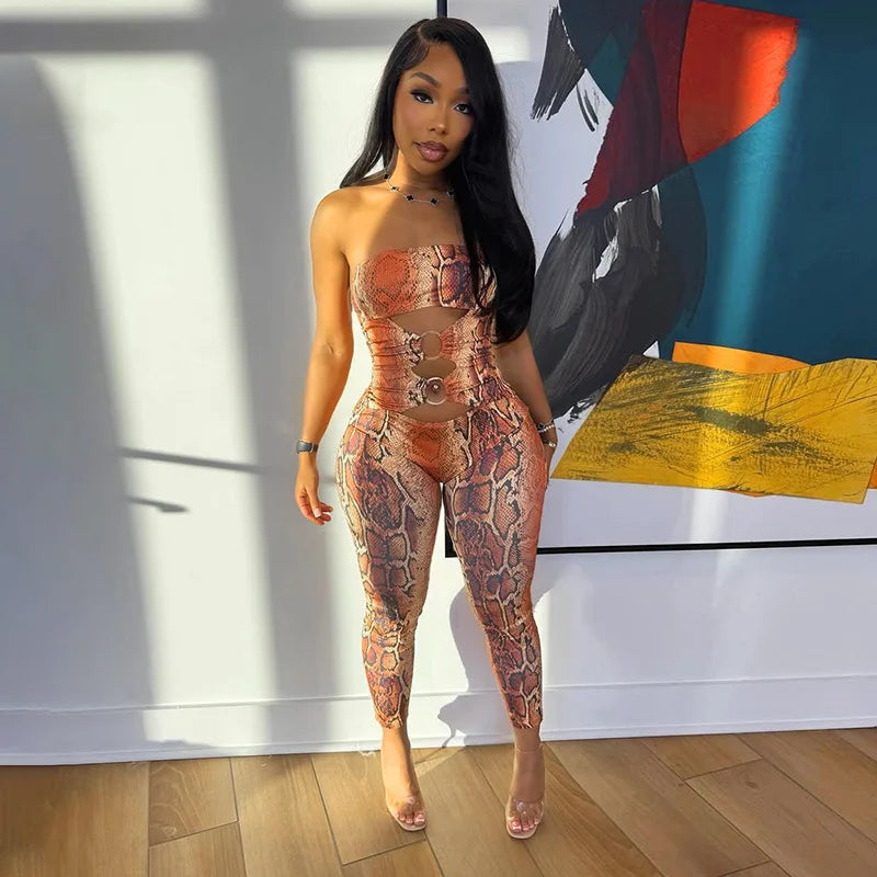 STYLISH LADY Snake Print Strapless Jumpsuits 2026 Women Hollow O Ring Sleeveless Bodycon Sexy Club Party Street Long Jumpsuit
