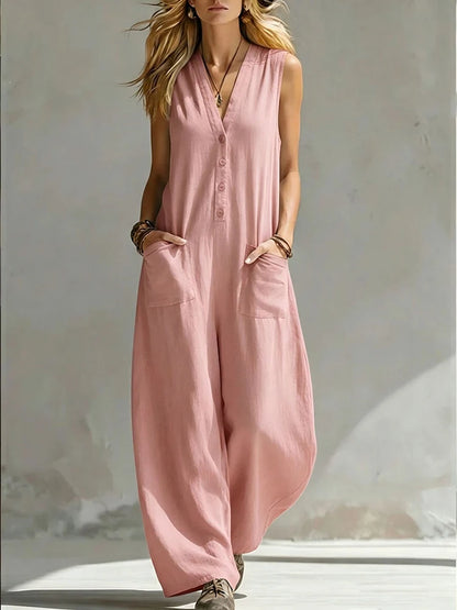 Women Casual Sleeveless V Neck Jumpsuit Button Wide Leg Cotton Linen Long Pants Romper Loose Baggy Summer Streetwear Outfits