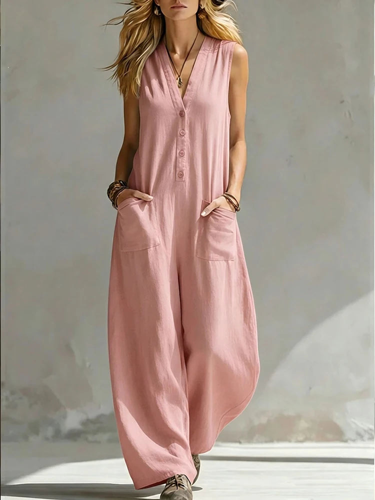 Women Casual Sleeveless V Neck Jumpsuit Button Wide Leg Cotton Linen Long Pants Romper Loose Baggy Summer Streetwear Outfits