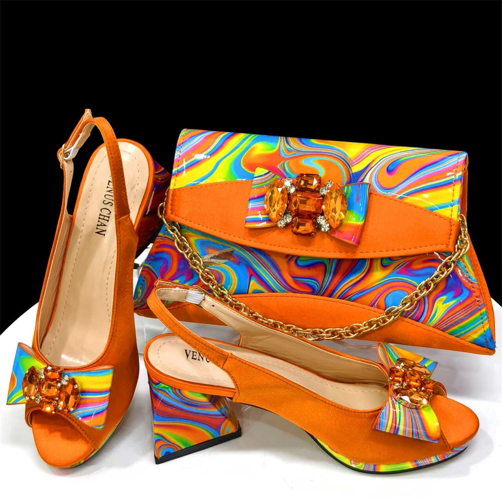 Venus Chan 2024 Fashion Purple Color Painted Rhinestones Elegant Peep Toe Sandals Shoes and Bag Set Italian Heels for Womens