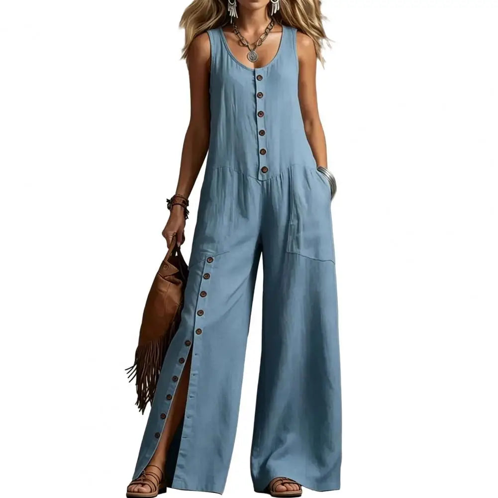 2026 Sexy V Neck Fashion 2026 Spring Pocket Wide Leg Jumpsuit Button Down Sleeveless Wide Leg Rompers Summer Loose Wear Overall