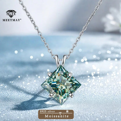 BOCARMAN S925 Sterling Silver Necklace with Colorful Princess Cut Moissanite Inlay Clavicle Chain Pendant for Women Gift