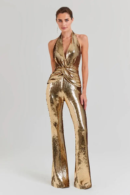Sexy Halter Sleeveless Gold Sequined Long Bodycon Jumpsuit Pencil Skinny Rompers Twisted Celebrity Evening Runway Club Jumpsuit