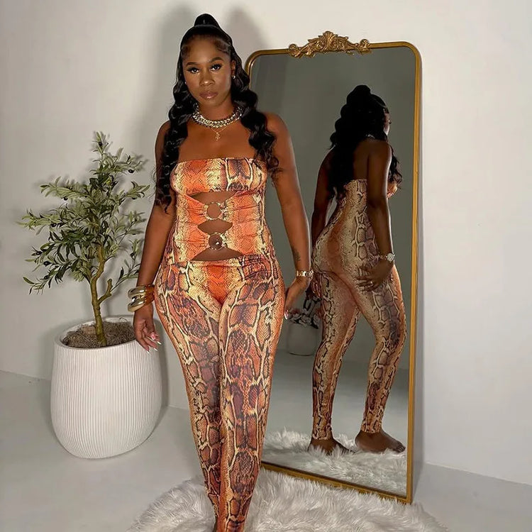 STYLISH LADY Snake Print Strapless Jumpsuits 2026 Women Hollow O Ring Sleeveless Bodycon Sexy Club Party Street Long Jumpsuit