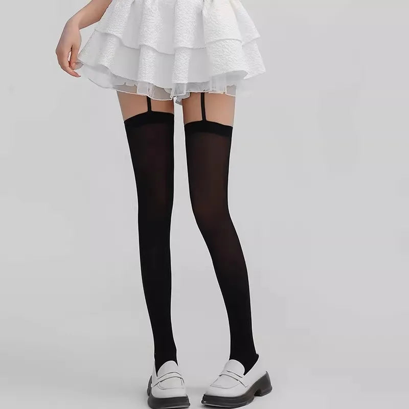 2026 Women Suspender Wide-banded Velvet Tights Lolita Thigh High Stockings with Cross Y2K JK Cosplay Over The Knee Sockings