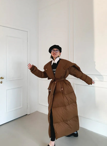 High end Ultra long White goose down Jacket For women Winter 2025 New Fashion Down Coat Female Thicken Parka Overcoat with belt