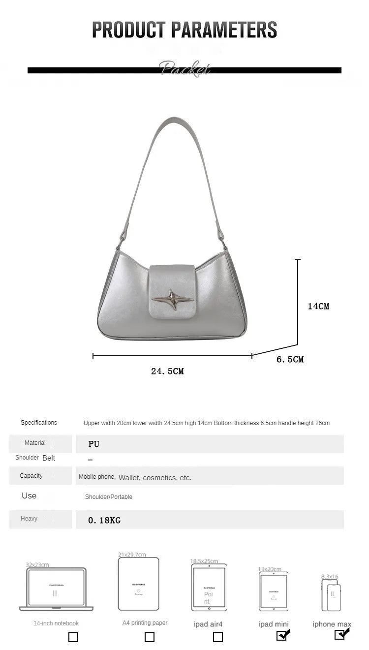 Silver Shoulder Bags for Women 2024 Classic Y2K Small Purse Glossy PU Leather Luxury Brand Female Underarm Handbags Daily Bag
