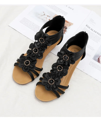 High quality leather flat sandals for women 5cm mid heel flower summer 2026 36 42 open toe vintage beach shoe black pink beige