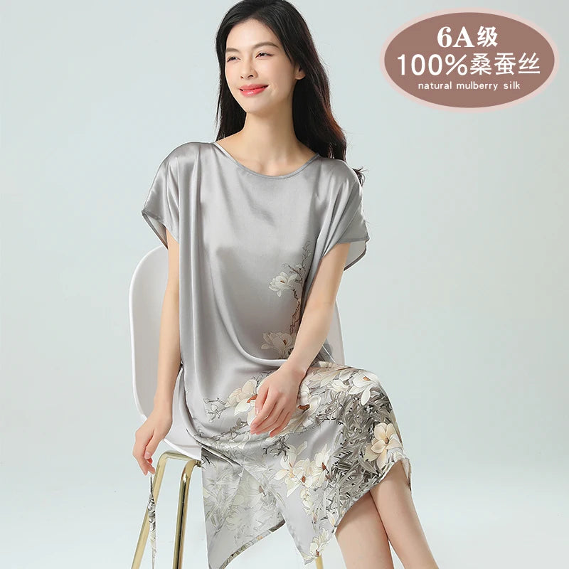 19MM 100% Mulberry  Silk Dress Pajamas Sleeping Home Dress Nightwear Women's Loose Plus Size  Short Sleeve Summer  40-80kg