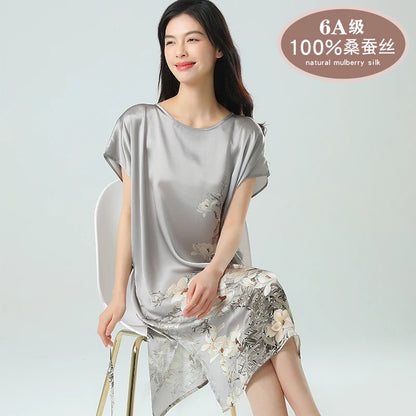 19MM 100% Mulberry  Silk Dress Pajamas Sleeping Home Dress Nightwear Women's Loose Plus Size  Short Sleeve Summer  40-80kg