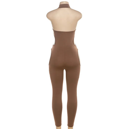 Women Summer Solid Hollow Out Jumpsuit  Sexy Halter Sleeveless Backless Body-Shaping One Piece Rompers Streetwear