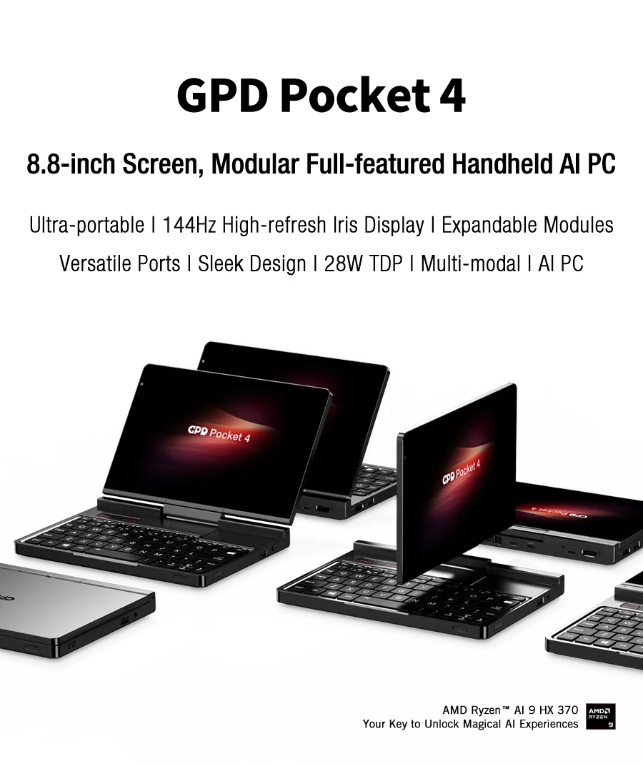 GPD Pocket4 2 in 1 Laptop Tablet 8.8 Inch 144Hz AMD AI 9 HX370 8840U 64GB RAM 2TB NVMe Portable Palm Size Mini PC 2026 New