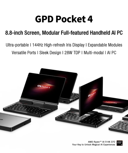 2026 New GPD Pocket4 2 in 1 Mini PC 8.8 Inch 144Hz AMD AI 9 HX370 64GB 2TB NVMe Portable Laptop Tablet