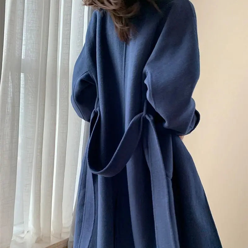 Winter Trench Coat For Women 2026 New Fashion Korean Casual Wool Coat Navy Blue Lace-up Long Jacket Black Woman Coat With Blet