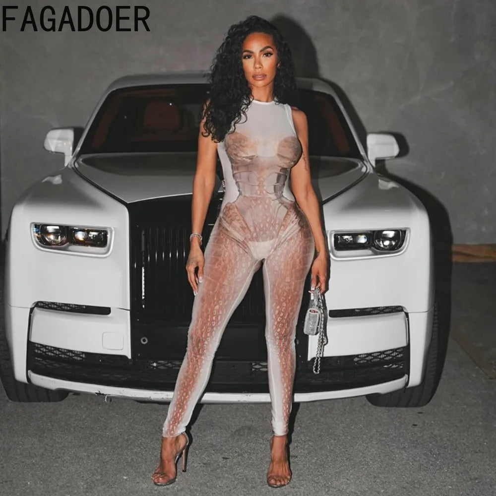 FAGADOER Fashion Scale Printing Patchwork Bodycon Jumpsuits Woman See Through Sleeveless Rompers Female Streetwear Overalls New