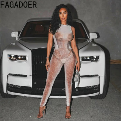 FAGADOER Fashion Scale Printing Patchwork Bodycon Jumpsuits Woman See Through Sleeveless Rompers Female Streetwear Overalls New