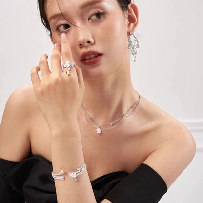 Luxury Sterling Silver Double-Deck Water Droplet Shape Women Choker AAA Zircon Chain Necklace Fine Jewelry Wedding Party Gift