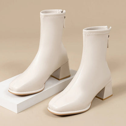 High-quality square-toe platform short boots for ladies, 2025 new fashion trend Wide heel, back zipper, large size women's boots
