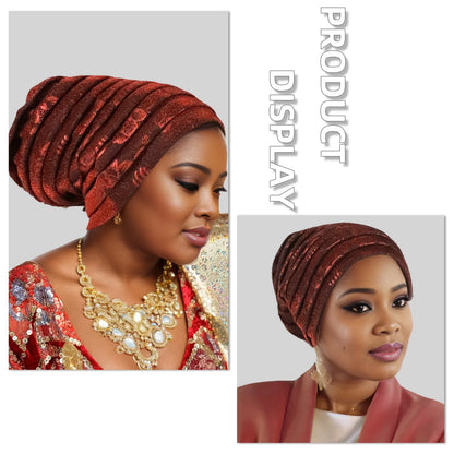Glitter Full Body Pleated Turban Cap for Women 2025 Lady Head Wraps Muslim Headscarf Hat Turbante Mujer African Headpiece