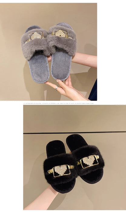 Love Chain Fluffy Women's Slippers Home Fashion Luxury Designer Shoes Woman Autumn Winter Faux Fuzzy Fur Slides Indoor Elegant