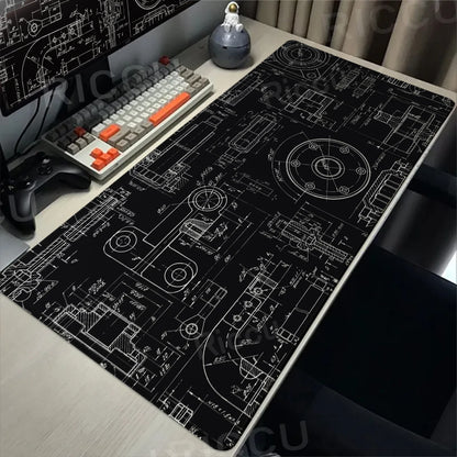 Engineer Mechanical Drawing Mousepad Black Large Mouse Pad HD XXL Minimalism Mousemat Rubber Carpet Desk Mat PC Gaming Accessory
