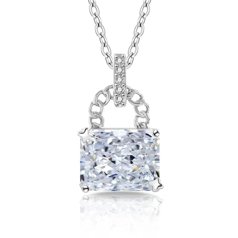 925 Sterling Silver Elegant Fashion High Carbon Diamond Ice Flower Cut Small Lock Pendant Necklace Daily Versatile