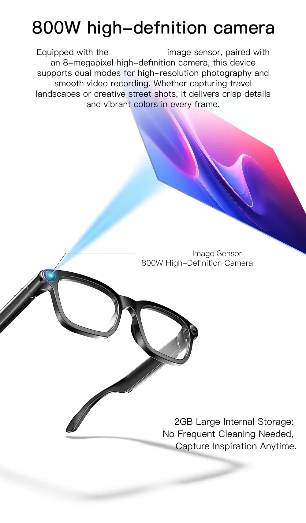 2026 New Smart Glasses 800W HD Camera Video Record AI Assistant Touch Control Translation HD Audio 300mAh Battery Smart Glasses