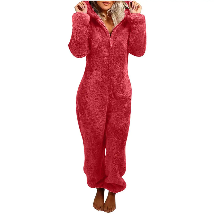Casual Cute Women's Thick Warm Furry Jumpsuit One-Piece Solid color Hooded Pants Set Home Wear Comfortable Jumpsuits Overall