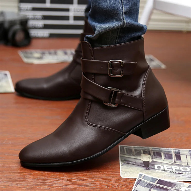 Leather Chelsea Boots Men Designer 2024 White Dress Boots Men Casual High top Buckle Strap Formal Shoes Men Motorcycle Boots