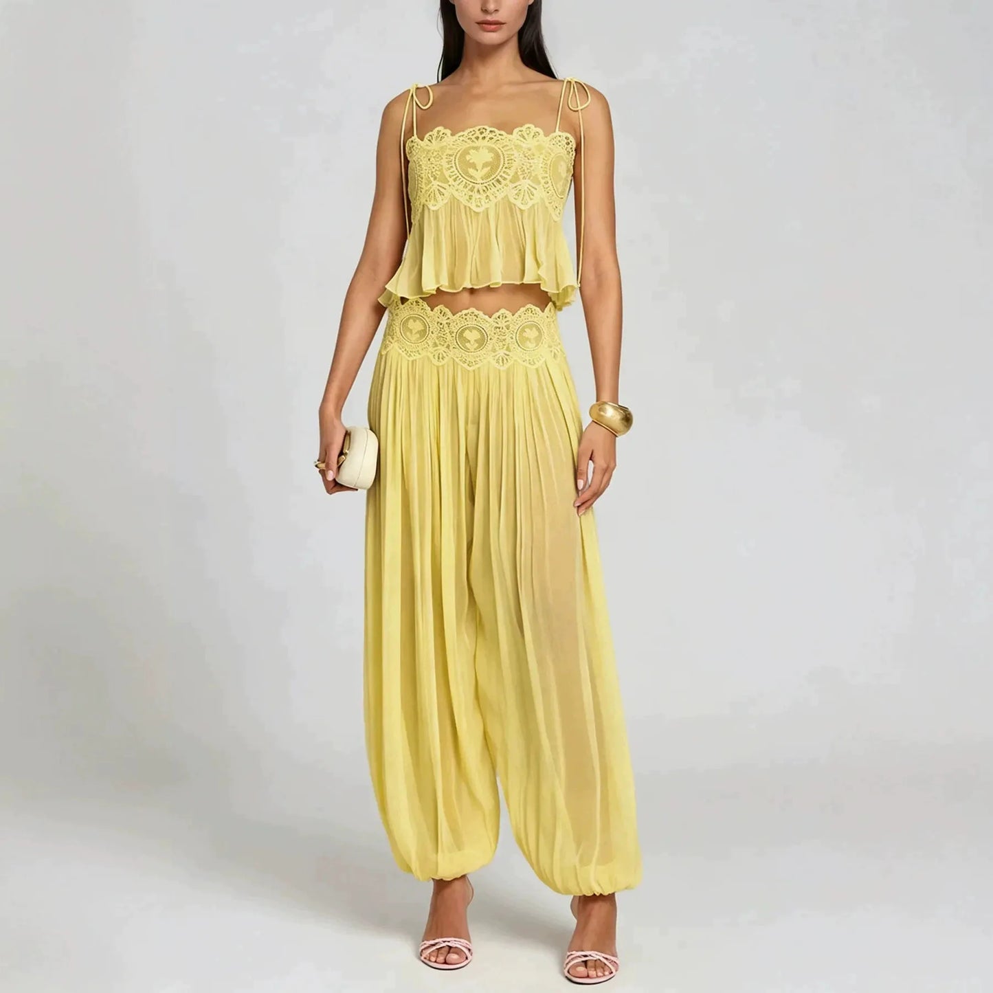 Light Blue Halter Neck Pleated Mini Dress Lady Sleeveless High Waist Hollow Lace Short Vestidos Summer Women's Vacation Outfit