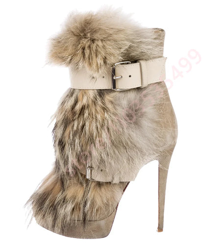 Winter Platform Belt Buckle Soft Fur Short Boots Fashion Show Party Casual Furry Boots New Sexy Women's Stiletto Warm Boots