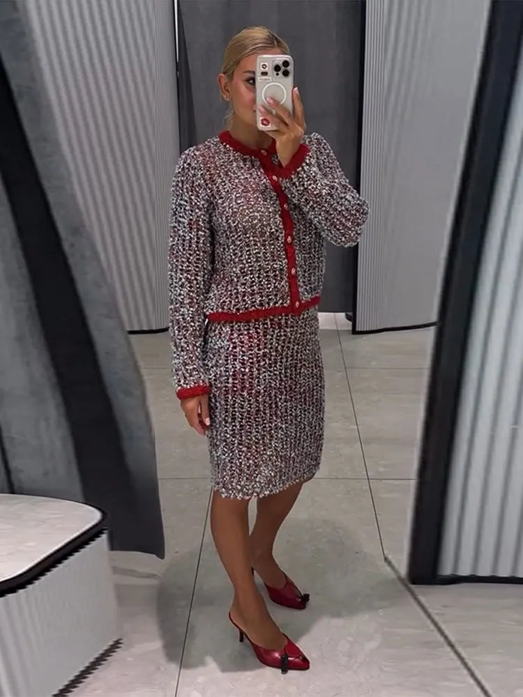 Fashion Knit Hollow Out Women's Skirt Suit O-neck Single Breasted Full Sleeve Cardigan Long Straight Skirts 2026 Autumn Lady Set