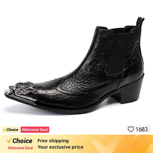 Fashion Luxury Men Boots Genuine Leather Ankle Sanke Boots Men Italian Business Dress Shoes Pointed Toe Cowboy Boots