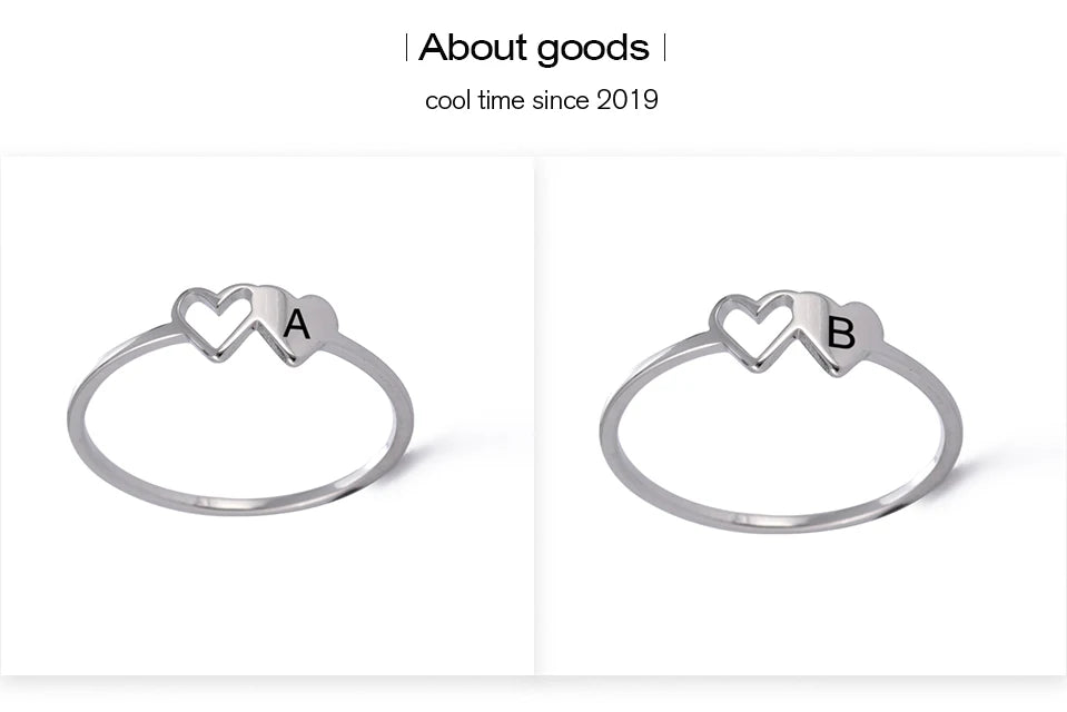 COOLTIME Initial Letter Ring for Women Stainless Steel A-Z Alphabet Double Heart Rings Simple Wedding Cheap Gift For Lover