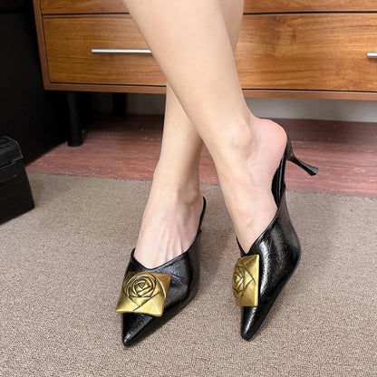 Women High Heels Slippers Summer New Luxury Fashion Gold Flower Decoration Modren Sandals Ladies Pointed Toe Mules Shoes Slides