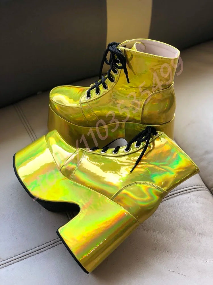 Thick Sole Round Toe Punk Party Boots 2025 New Street Rock Lace-Up Motorcycle Boots Fashion 34-48 Thick High Heel Ankle Boots