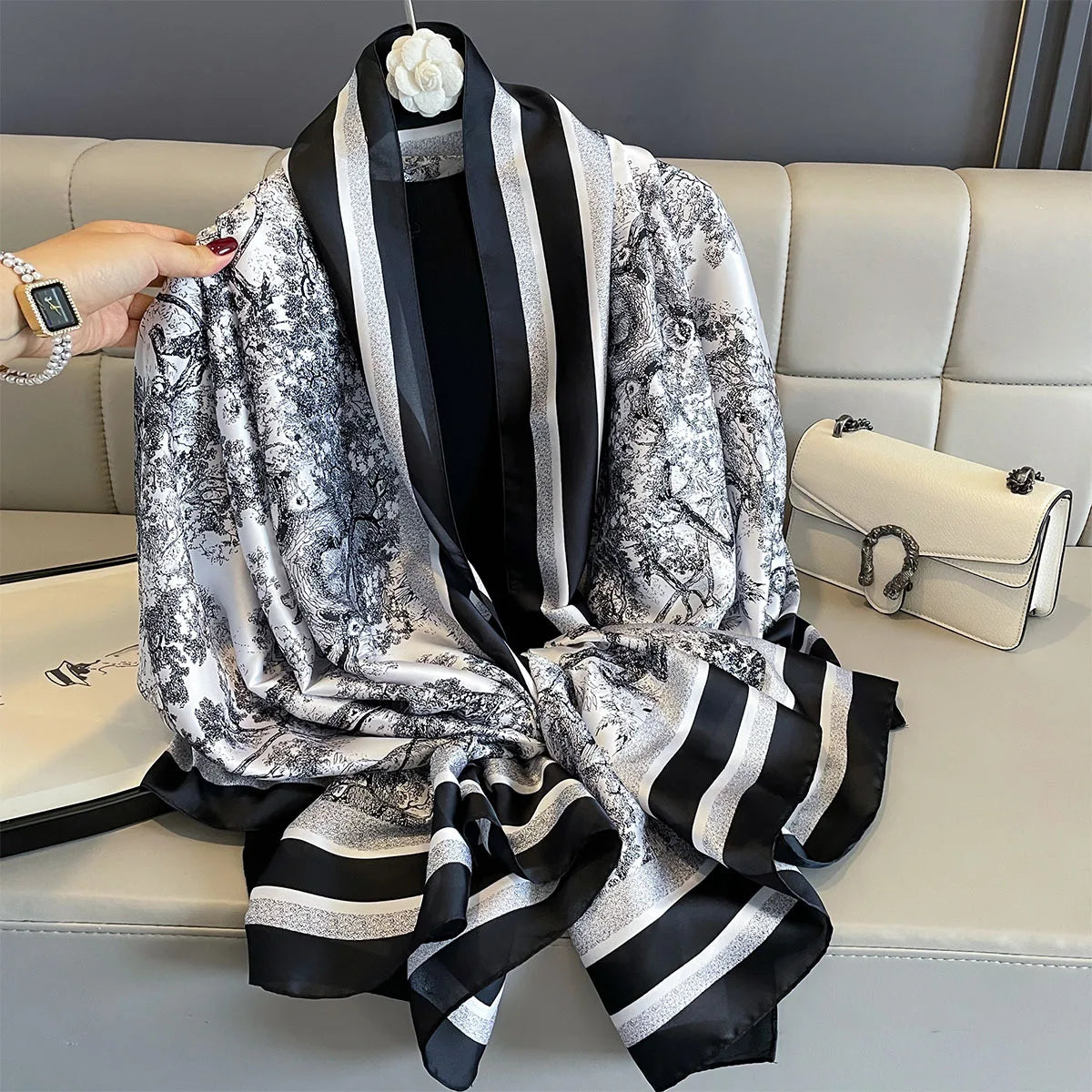 180*90cm Large Silk Satin Scarf Women Fashion Printed Scarf Spring And Summer Styles New Shawl Wrap Female Hand 2025 NEW