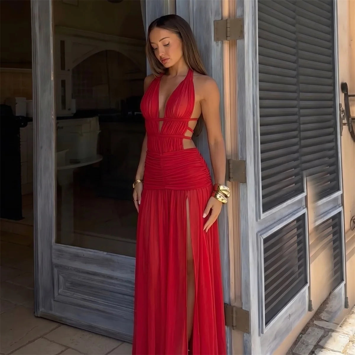Red Maxi Dress Cover Ups Bikini 2026 Sexy Women Swimsuit Hollow Swimwear Female Bikini Set Bathing Suits Summer Suit Beachwear