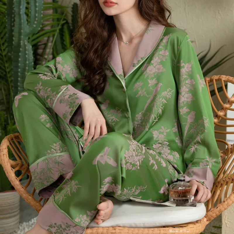 Women Pajamas Set Large Collar Green Cardigan Home Wear Two-Piece Long-Sleeved Outside Ladies Ice Silk Sleepwear Spring Autumn
